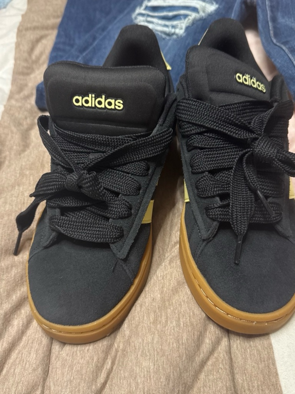 adidas Kids Black Sneakers with Gum Sole and Yellow Logo